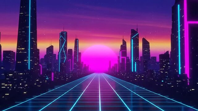 Futuristic Retrowave City Skyline at Sunset with Neon Lights, Cyber Grid Road, and Vibrant Synthwave Aesthetic