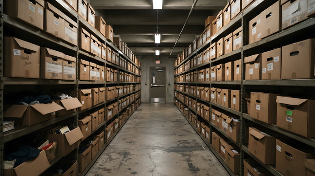 Warehouse Storage with Cardboard Boxes on Metal Shelves Room Perspective