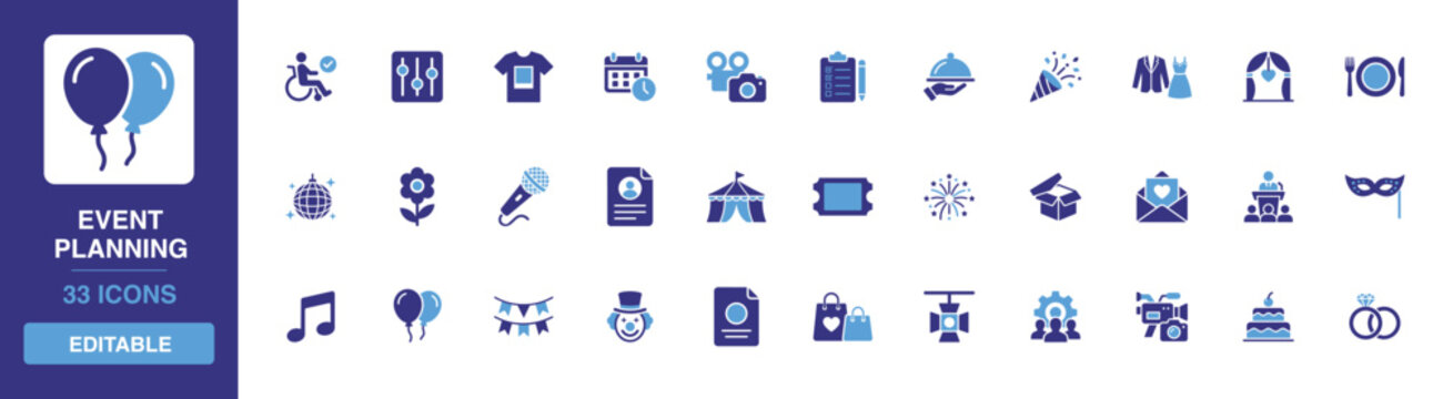 Flat vector symbols for professional event planning, party organization, celebrations, corporate conferences, and wedding arrangements for service agencies and business flyers.