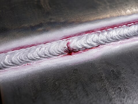 Dye penetrant inspection reveals a crack in a steel weld seam. Non-destructive testing, defect detection and industrial safety concept.