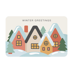 Winter greetings featuring cozy cartoon houses covered in snow with pine trees and festive atmosphere for holiday season © BlackVault Designs
