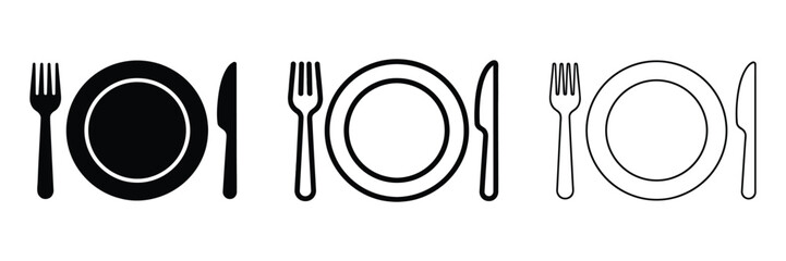 Dining tableware icon Plate fork and knife icon silhouette vector outline and line art © MD