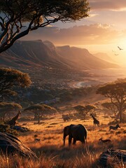 Obraz premium African Savanna Landscape at Sunrise with Elephants, Giraffes, and Zebras Grazing in Golden Light