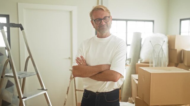 Man with glasses and beard standing amid packed cardboard boxes and ladder, arms crossed during moving in a building; quiet pride.