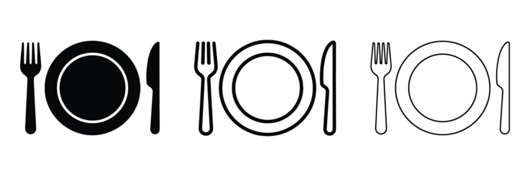 Dining tableware icon Plate fork and knife icon silhouette vector outline and line art