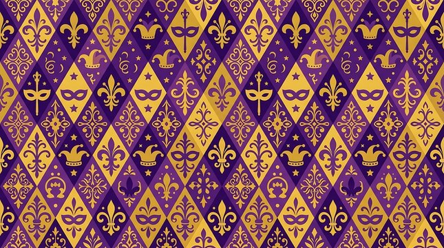 Mardi gras seamless pattern with gold masks and purple harlequin grid