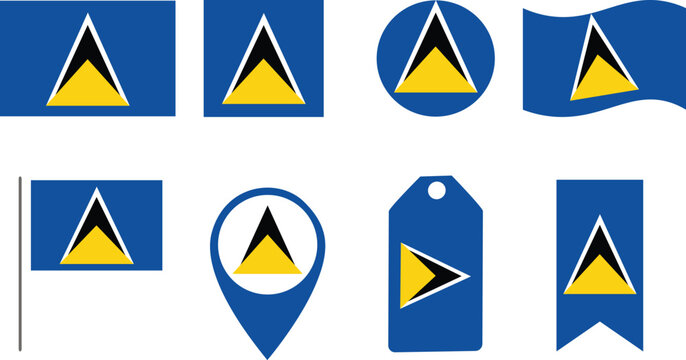 Saint Lucia Flag Vector Icon Set with National Flag of Saint Lucia in Various Shapes like Round, Square, Waving, Pin Map, Tag, and Ribbon Isolated on White Background for Design Elements