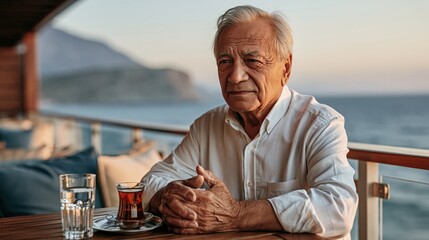 Obraz premium Elderly Man Enjoying a Quiet Moment with Tea and a Scenic Ocean View