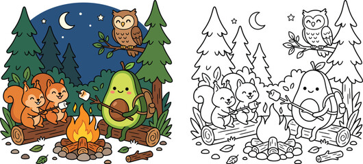 Fototapeta premium Cute Avocado Hiker and Squirrels Camping at Night Doodle Coloring Page