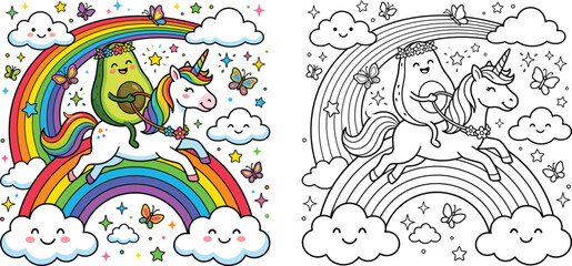 Naklejka premium Cute Avocado Riding a Unicorn over a Rainbow Doodle Coloring Page Set