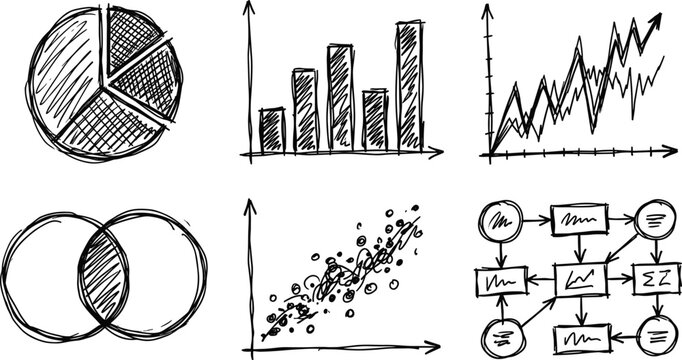 Hand drawn business charts and financial data analysis diagrams set on white background