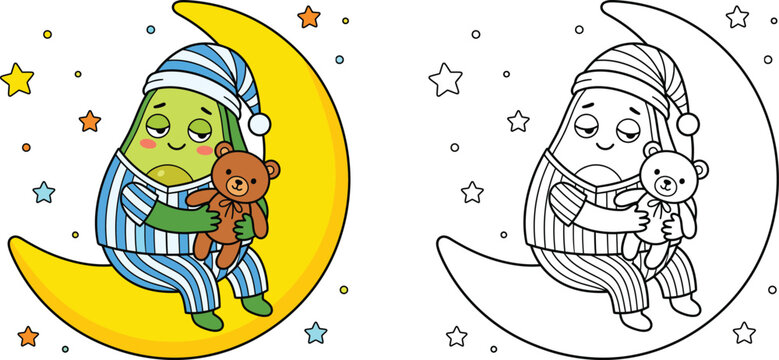 Cute Avocado in Pajamas and Nightcap Sleeping on a Crescent Moon Doodle Coloring Page