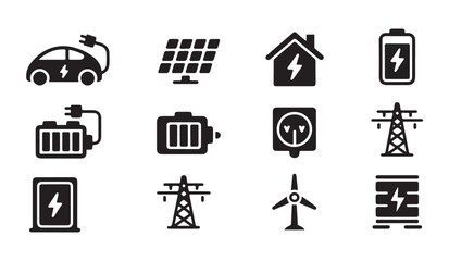 Fototapeta premium Energy production and power supply icons showing renewable sources and electrical distribution infrastructure set.