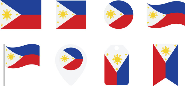 Philippines Flag Vector Icon Set with National Flag of Philippines in Various Shapes like Round, Square, Waving, Pin Map, Tag, and Ribbon Isolated on White Background for Design Elements