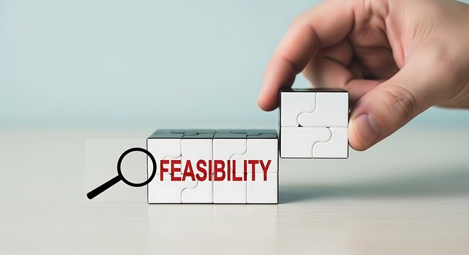 Feasibility study concept with hand placing puzzle blocks, business analysis and project evaluation, magnifying glass icon on white cubes