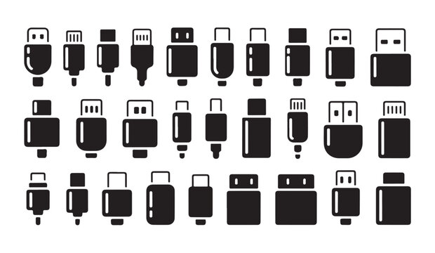 Electronic device connectors set with usb type c and micro usb charging plug icons for technology interface.