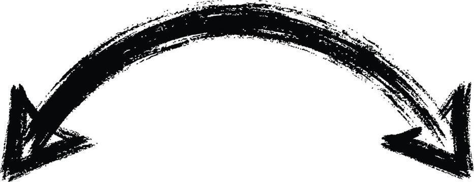 Black grunge brush stroke curved arrow pointing both directions for design element isolated.