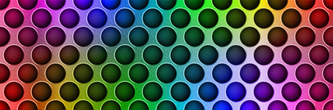 RGB Rainbow seamless perforated metal sheet realistic texture. Metal chrome grill plate with round holes. Modern design carbon radiator bg. Macro speaker radiator. Vector illustration