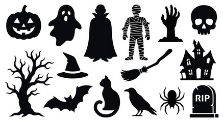 Obraz premium Halloween silhouette set with jack-o'-lantern, ghost, vampire, mummy, haunted house, witch hat, cat, and tombstone