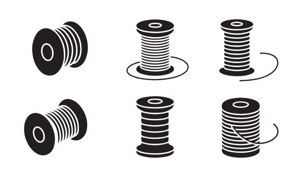Set of spool and reel icons for wire or thread storage showing different angles and winding styles in black.