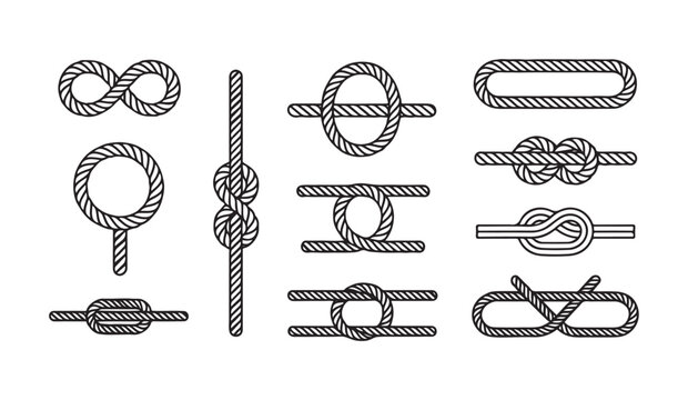 Set of nautical rope knot icons for maritime use featuring loops bends and hitches in flat black vector style.