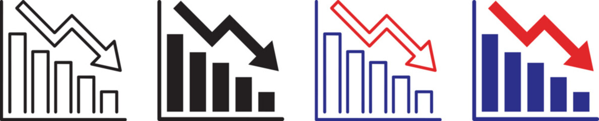 Fototapeta premium Declining Bar Chart Icon Set - Financial Loss, Decreasing Arrow, Stock Market Crash and Business Regression Vector Graphics