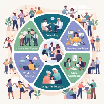 A services wheel for workplace mental health. It includes areas like counseling, financial wellness, and caregiving support.