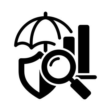 Business data analysis icon with shield protection and magnifying glass