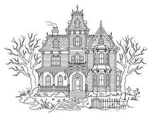 Fototapeta premium Detailed outline drawing of a haunted Victorian mansion with spooky trees and graveyard.