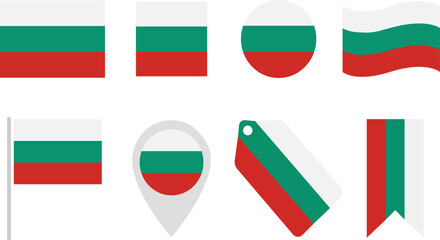Obraz premium Set of Bulgaria national flag icons in different shapes including square, circle, waving flag, location pin, tag and ribbon isolated on white background, editable vector illustration