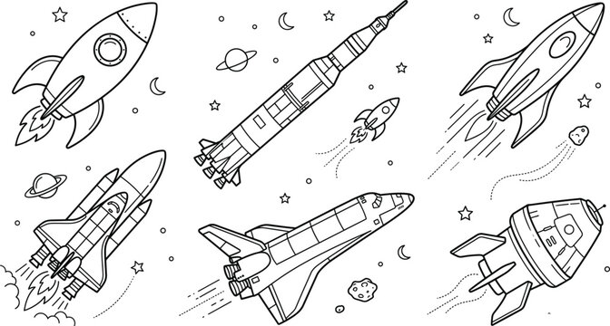 Rocket ship space vector icon set with shuttle launch and astronomy doodles
