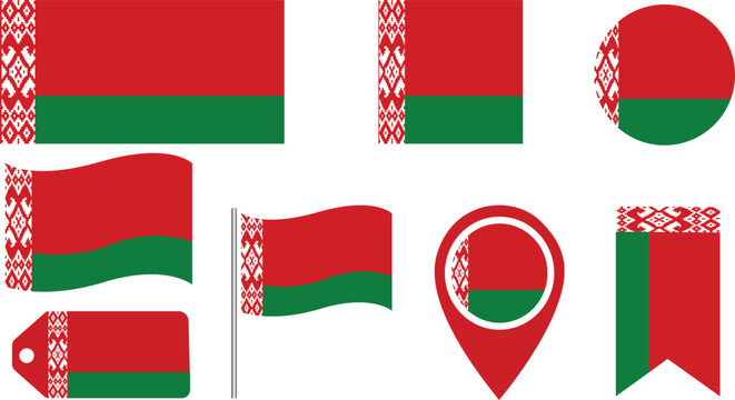 Set of Belarus national flag icons in different shapes including square, circle, waving flag, location pin, tag and ribbon isolated on white background, patriotic editable vector illustration