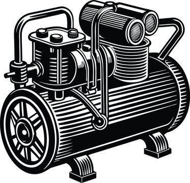 Vintage air compressor with flywheel and pipes