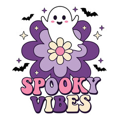 Naklejka premium Cute halloween vector illustration spooky vibes with ghost bats and retro floral design for autumn celebrations