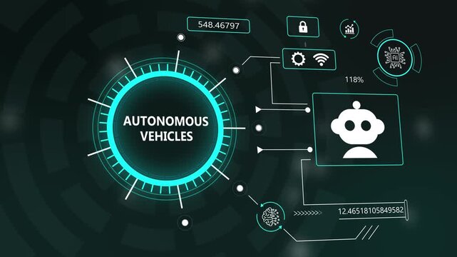 Autonomous Vehicles AI Future Interface with Digital Connectivity and Smart Robotics. Futuristic Technology Concept for Self-Driving Systems, Machine Learning, and Intelligent Transportation. 