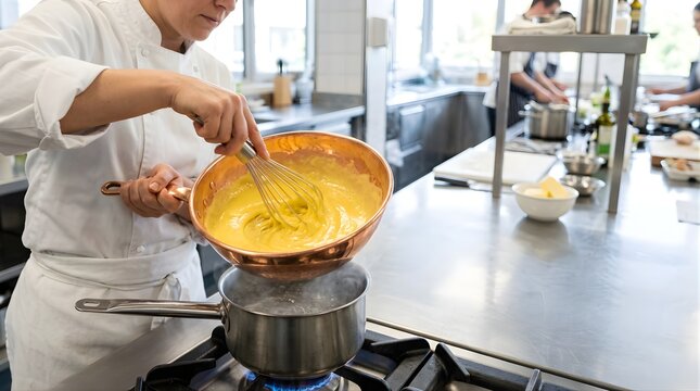 Professional chef whisking sauce in copper bowl over steam in restaurant kitchen