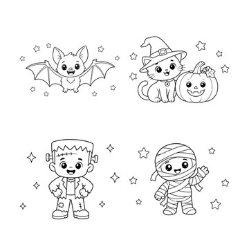 Cute Halloween Kids Coloring Page Vector Set with Baby Bat, Witch Cat, Pumpkin, Frankenstein and Mummy Cartoon Line Art