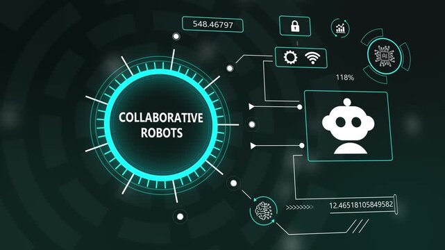 collaborative robots hud interface animation with ai and connectivity icons. ai robotic technology hud concept animation for business and industrial tech.
