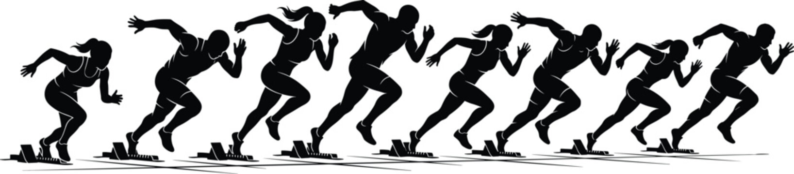 Silhouettes of male and female sprinters launching from starting blocks on a white background