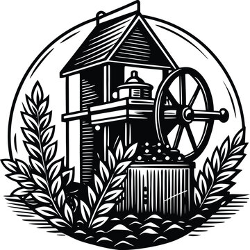Vintage water pump house with large wheel