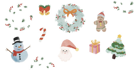 Fototapeta premium Christmas decoration watercolor wreath snowman candy cane gingerbread gift tree cheerful holiday illustration with holly bell bearded face ornament white background