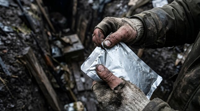 Soldier opening a dry food ration pack in a muddy frontline trench