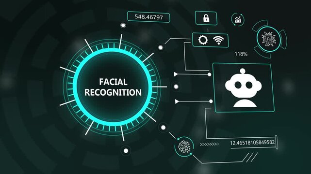 futuristic facial recognition hud interface motion graphic. advanced artificial intelligence biometric scan motion background. abstract cybersecurity HUD with facial identification interface.
