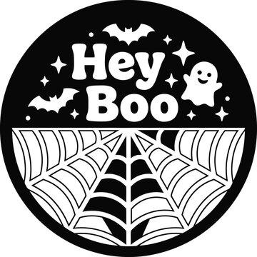 Spooky halloween vector graphic 'hey boo' with ghost bats web perfect for fall designs