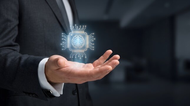 AI Brain Microchip Hologram in Business Hand Future Artificial Intelligence Technology Concept