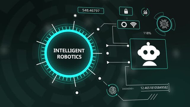 intelligent robotics concept hud interface motion graphic. futuristic ai robotics control panel animated dashboard. high tech robotics and data processing ui background.