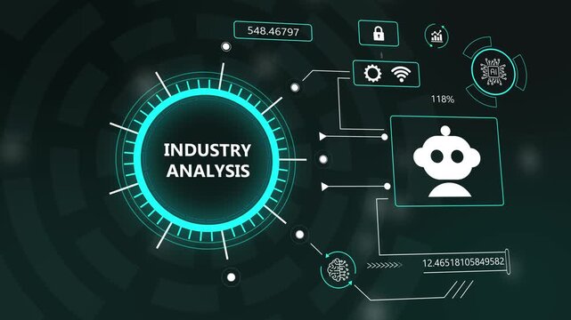 digital industry report UI overlay with robot icon animation. corporate tech industry research dashboard HUD HUD motion loop. industry analysis artificial intelligence dashboard HUD animation.