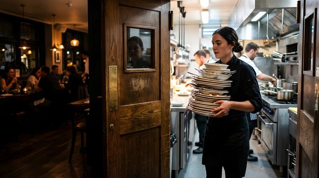 Young female server carrying stack of plates from busy restaurant kitchen