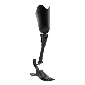 a single, sleek, matte black, high-tech prosthetic leg showcasing detailed mechanical components and clean contours against a sterile white background, representing technological advancement concept