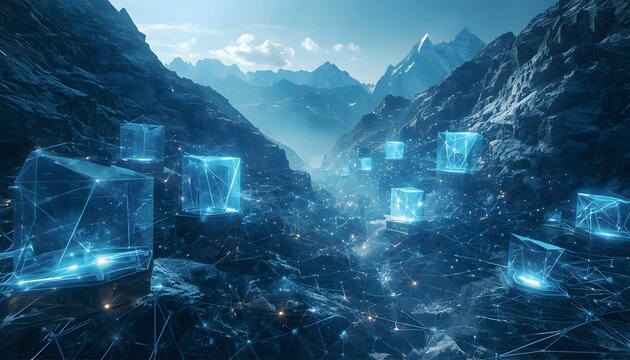 Futuristic mountain valley featuring glowing geometric crystal structures interconnected by digital data networks under a bright clear blue sky horizon